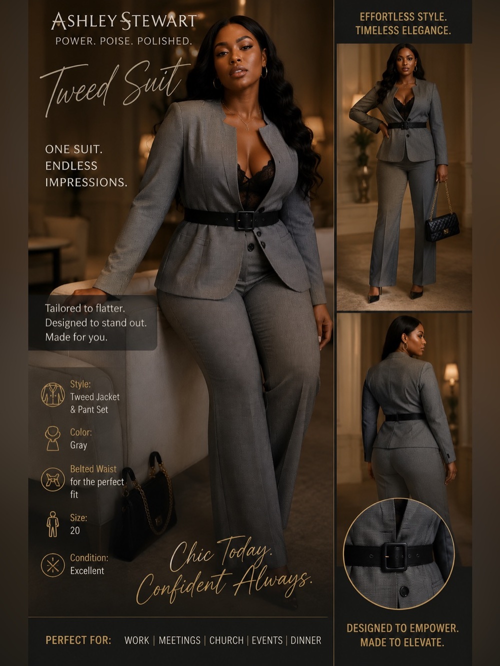 Ashley Stewart Gray Tweed Jacket & Pant Suit
